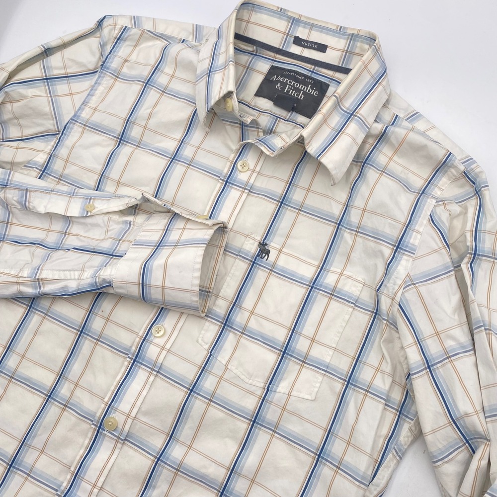 Abercrombie & Fitch Muscle Fit Plaid Button Down Shirt Men M White Blue Tan Logo